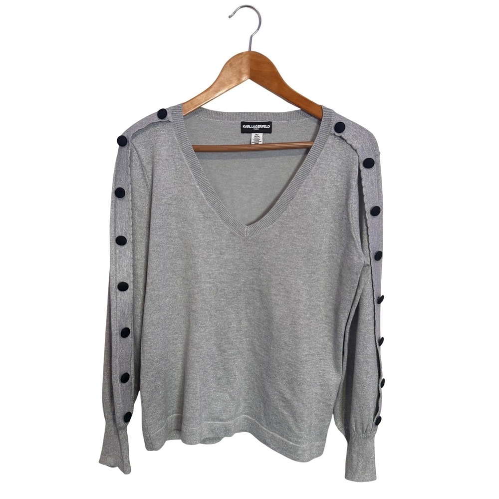 Karl Lagerfeld Metallic Silver Sweater Womens M Silver Button Sleeves Knit